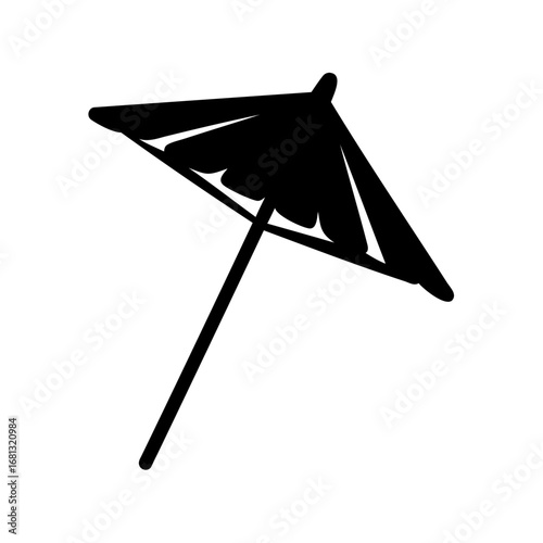 Minimal black silhouette of a small cocktail umbrella, symbolizing tropical drinks, summer parties, beach vibes, bar culture, and celebration.

