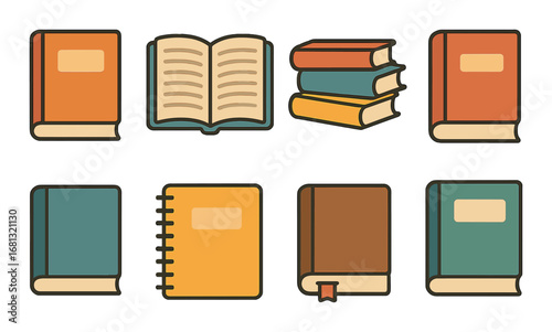 Set of various colorful vintage book icons on subtle gradient background