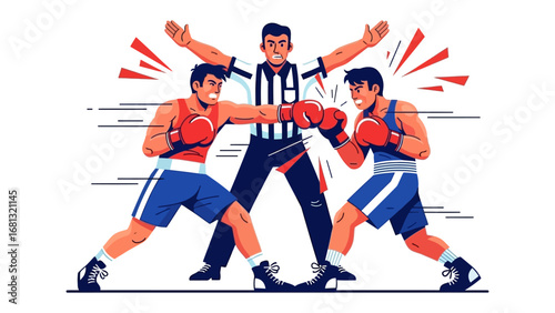 Boxing Match Under Referee's Watch: Two boxers engage in a fierce battle, their fists colliding in a dynamic display of strength and strategy. A vigilant referee oversees the match.