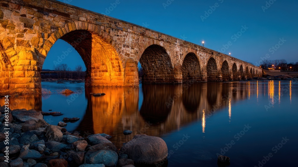 Fototapeta premium Stone arch bridge at dusk