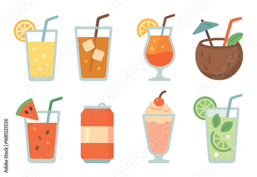 Illustrated refreshing summer drinks collection: soda, cocktails, juice, lemonade, smoothie