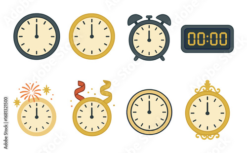 Clocks and alarms set at midnight celebrating new year with festive designs
