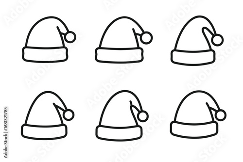 Six simple santa hat icons in black and white on white background