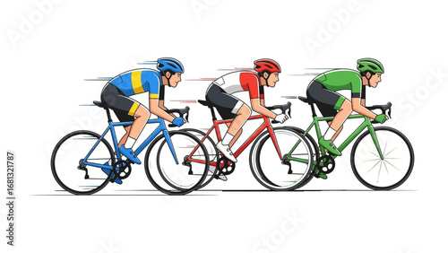 Cycling Race Illustration: Energetic cyclists in vibrant jerseys compete fiercely on the track, capturing the dynamic energy of competitive road racing.