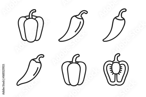 Set of six black and white pepper outlines: bell and chili