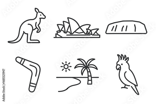 Iconic symbols of australia: kangaroo, opera house, uluru, boomerang, beach, cockatoo