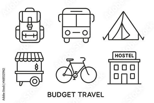 Budget travel icons: backpack, bus, tent, food cart, bicycle, hostel