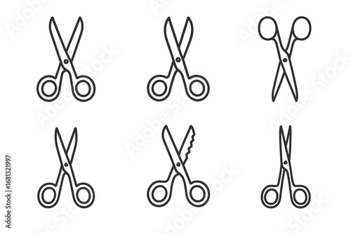 Six simple line drawings of scissors with different blade styles