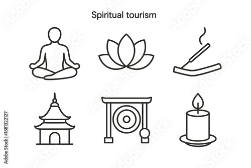Spiritual tourism icons: meditation, lotus, incense, pagoda, gong, candle