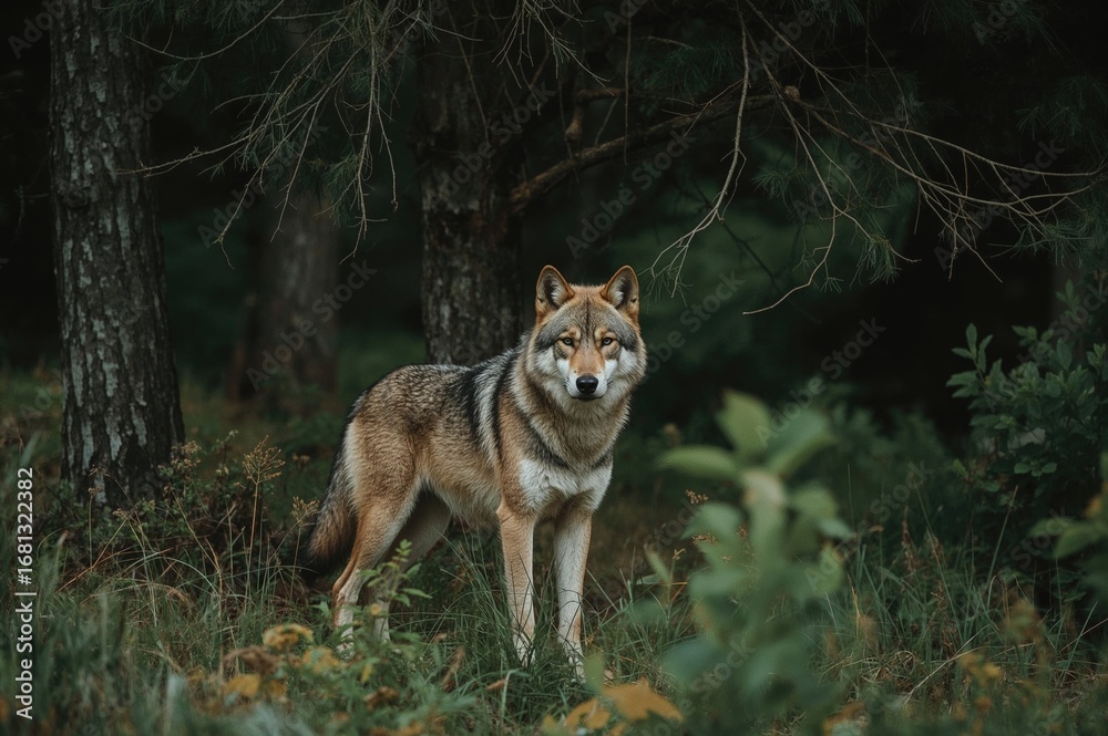 Fototapeta premium Feral Canine Posed Beneath Tree in Woodland