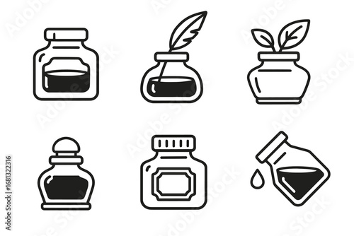 Collection of ink bottle icons with feathers and leaves