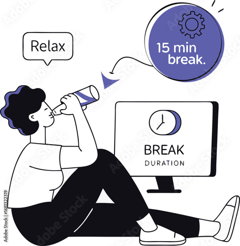 Person resting while drinking water near computer with break notification symbol