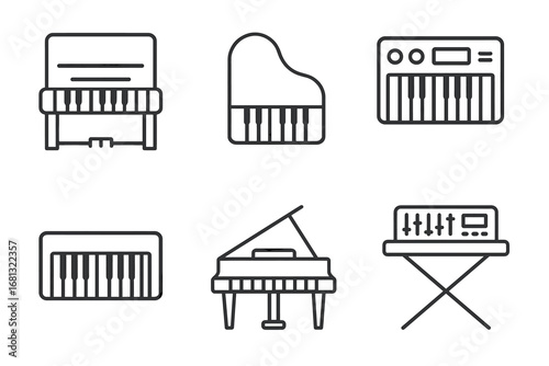 Collection of piano and keyboard icons in minimalist line art style
