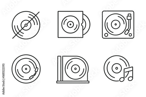 Minimalistic icons of vinyl records, turntables, and music notes