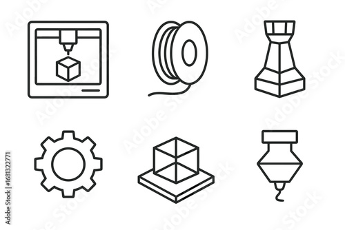 Black and white 3d printing icons: printer, filament, chess piece, gear, cube, nozzle