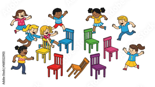 Musical Chairs: A vibrant illustration of children playing musical chairs, a game of anticipation, movement, and fun. Capturing the joyful energy and colorful chaos of childhood.