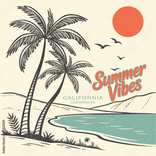 vintage retro summer graphics. summer vibes in california los angeles. sunset for endless summer vibes graphics. adventure surfing beach paradise. summer t-shirt design. vintage graphic tee.	
