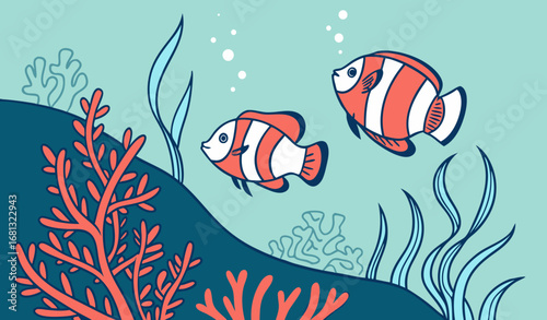 Flat vector illustration of colorful fishes swimming underwater, coral reef, minimal design, bold colors
