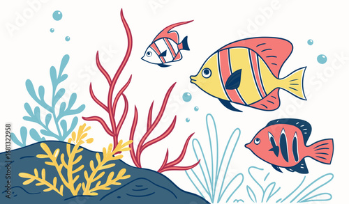 Flat vector illustration of colorful fishes swimming underwater, coral reef, minimal design, bold colors
