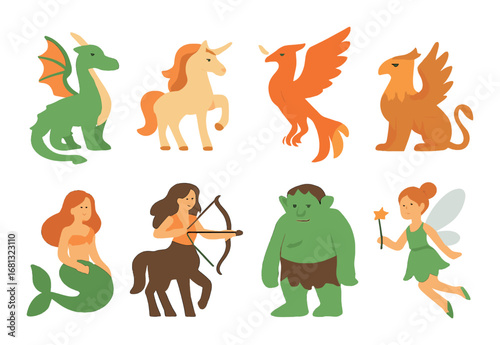 Fantasy creatures and characters: dragon, unicorn, phoenix, griffin, mermaid, centaur, orc, fairy