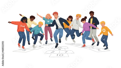 Joyful Hopscotch: Diverse children enthusiastically engage in a lively game of hopscotch, celebrating the vibrancy of youth and the spirit of active play. 
