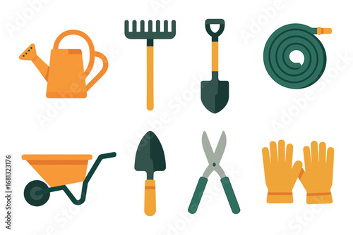 Illustrated garden tools set with watering can, rake, shovel, hose, wheelbarrow, trowel, shears, gloves