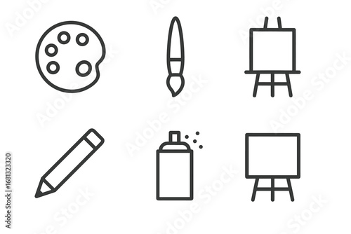 Art tools icons: palette, paintbrush, easel, pencil, spray can