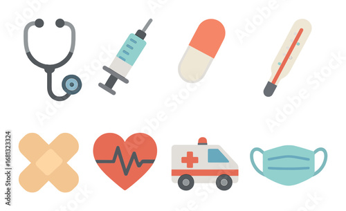 Medical icons set: stethoscope, syringe, pill, thermometer, bandage, heart, ambulance, mask