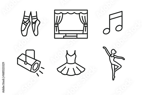 Ballet icons set featuring ballet shoes, stage, music note, spotlight, tutu, and dancer
