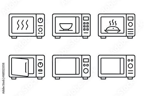 Icon set of microwaves with different statuses and features