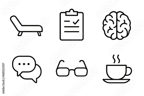 Therapy and relaxation icons: couch, checklist, brain, chat, glasses, coffee cup