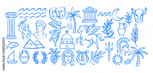Canvas Print Greek mythology doodle set, hand drawn ancient Greece line art illustration with