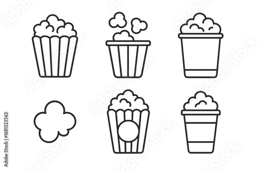 Set of six popcorn icons in outline style with different container designs
