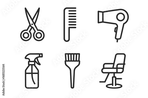 Black and white line icons of hair salon tools including scissors, comb, and hairdryer