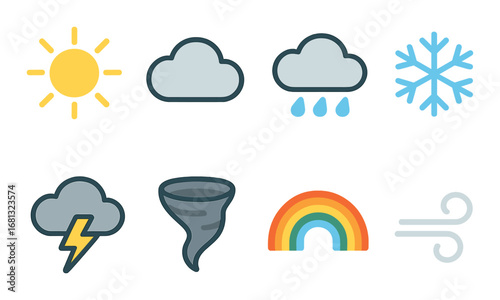 Weather icon set: sun, clouds, rain, snow, storm, tornado, rainbow, wind