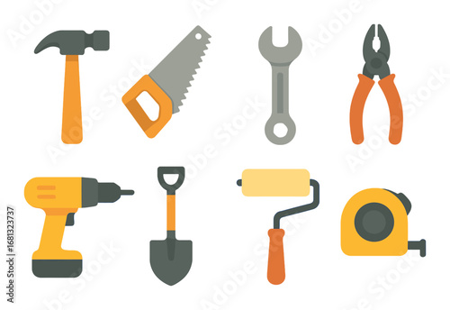 Colorful set of construction and repair tools on orange background