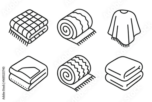 Illustration of diverse blanket and poncho designs with various patterns and styles