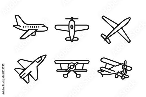 Outline illustrations of various airplanes: jet, biplane, and more