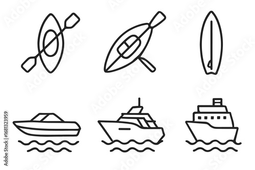 Outline icons of kayaks and boats: watercraft line art collection