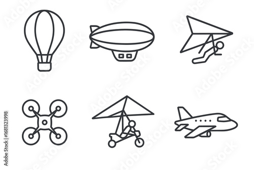 Outline icons of air travel: hot air balloon, blimp, hang glider, drone, microlight, airplane