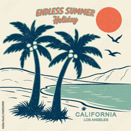 vintage retro summer graphics. endless summer holiday in california. sunset for endless summer vibes graphics. adventure surfing beach paradise. summer t-shirt design. vintage graphic tee.	
