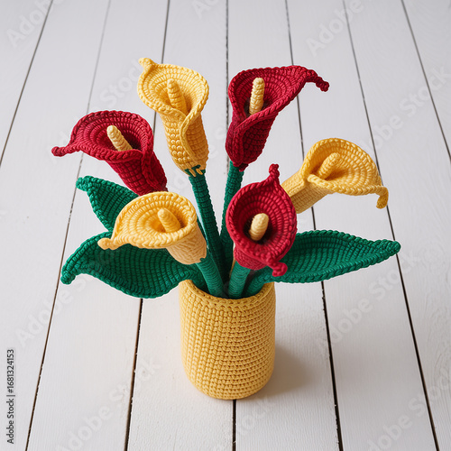 Crocheted Calla Lily Bouquet in Yellow and Red Vase