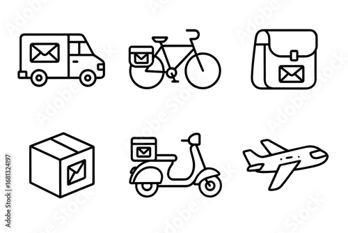Mail delivery icons: truck, bicycle, bag, box, scooter, airplane in line style