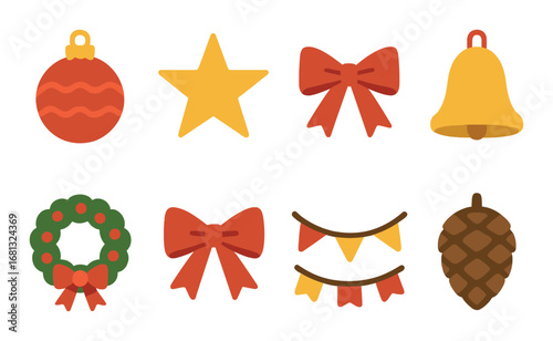 Festive holiday decorations: stars, bells, wreath, bows, pinecone, lights in warm glow