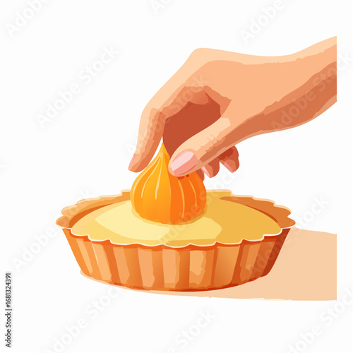 Hand Placing a Yellow Cream Topping on a Golden Brown Tart Shell