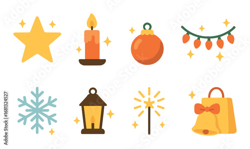 Festive holiday icons: candle, ornament, lantern, lights, star, snowflake, sparkler, bell