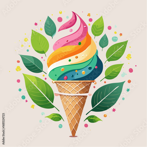 Rainbow Ice Cream Cone with Green Leaves