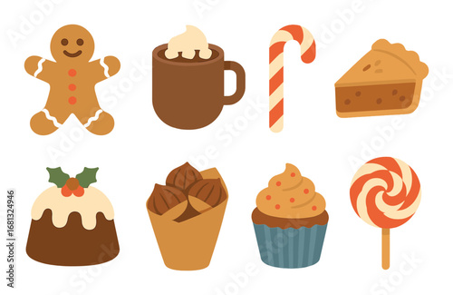 Festive holiday treats: gingerbread, hot cocoa, candy cane, pumpkin pie, christmas pudding, nuts, cupcake, lollipop