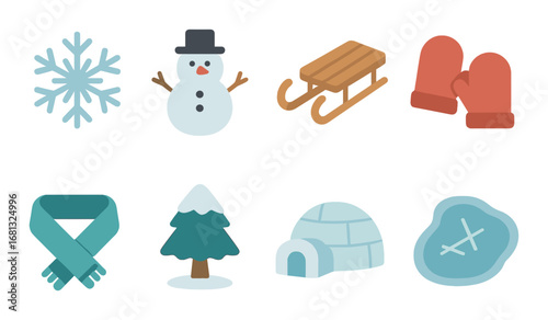 Winter icons: snowman, sled, mittens, scarf, snowflake, tree, igloo, frozen pond