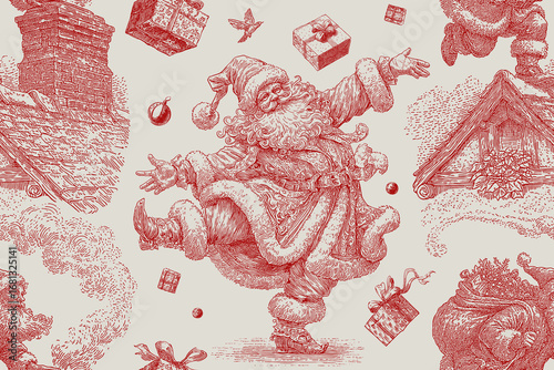 Traditional European Christmas scenes with Santa. Seamless vector pattern. Vintage engraving or ink drawing style vector illustration.